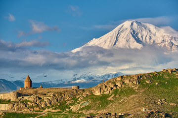 Fototapeta na wymiar Ancient castle monastery Khor Virap in Armenia with Ararat mountain landscape at background. It was founded in years 642-1662.