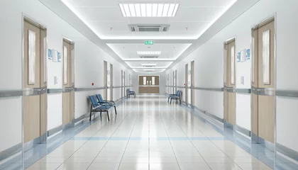 Fotobehang Long hospital bright corridor with rooms and seats 3D rendering © sdecoret