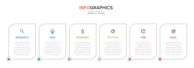 Concept of arrow business model with 6 successive steps. Five colorful rectangular elements. Timeline design for brochure, presentation. Infographic design layout.