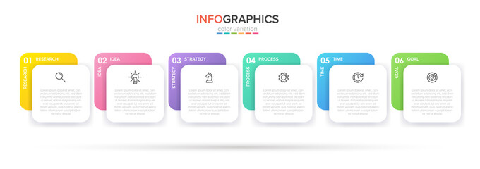 Fototapeta na wymiar Concept of arrow business model with 6 successive steps. Five colorful rectangular elements. Timeline design for brochure, presentation. Infographic design layout.