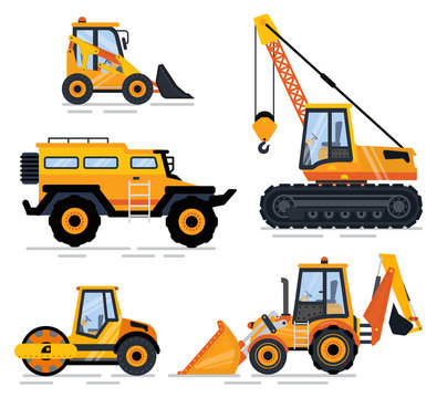 Transport and machinery set vector, isolated truck and crane. Construction equipment bulldozer and excavator, repairing and building elements machine. Flat cartoon