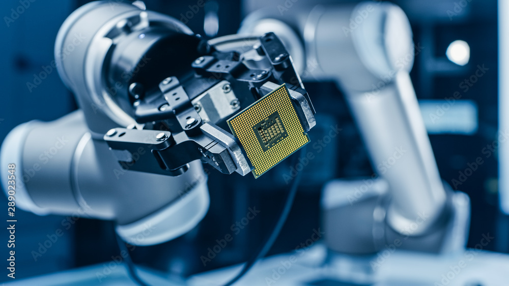 Poster Modern High Tech Authentic Robot Arm Holding Contemporary Super Computer Processor. Industrial Robotic Manipulator End Effector Holding CPU Chip