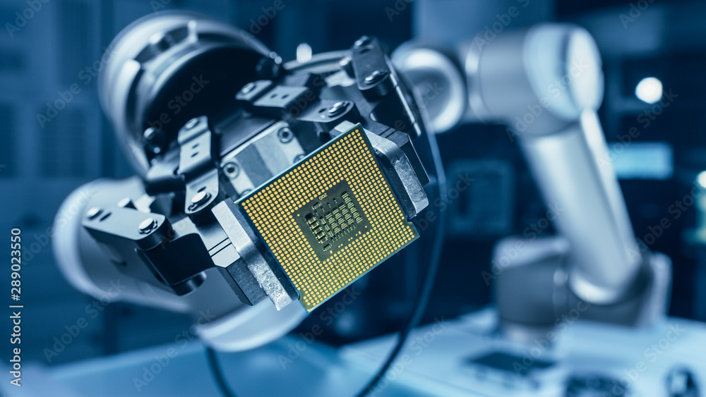 Poster Modern High Tech Authentic Robot Arm Holding Contemporary Super Computer Processor. Industrial Robotic Manipulator End Effector Holding CPU Chip