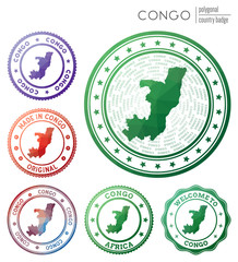 Naklejka na ściany i meble Congo badge. Colorful polygonal country symbol. Multicolored geometric Congo logos set. Vector illustration.