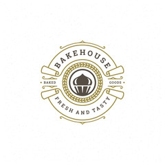 Bakery badge or label retro vector illustration cupcake silhouette for bakehouse
