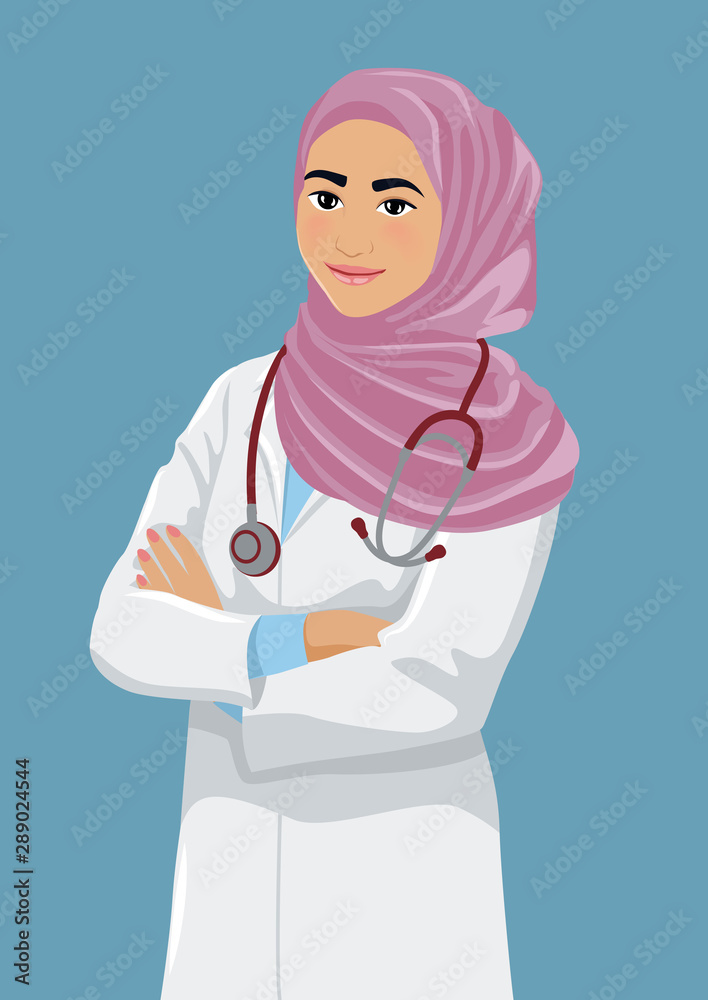 Wall mural smiling young muslim female doctor. cute arabic woman wearing a lab coat and hijab stands with cross