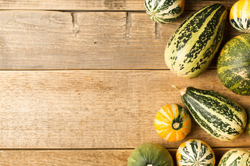 Pumpkins and squash on wooden background, thanksgiving and harvest theme