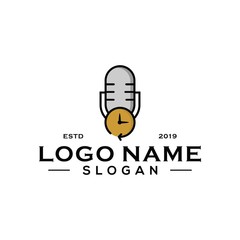 Podcast logo icon. with clock time in middle for internet webdesign and smartphone applications. and business company vintage hand drawn look