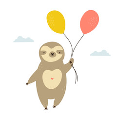 Cute sloth with balloons flying in a sky