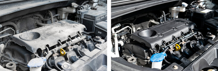Washing car engine. Car wash service before and after washing. Before and after cleaning...
