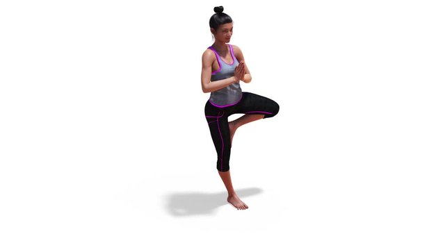 Woman in a Yoga Tree Pose in Rotation with a White Background