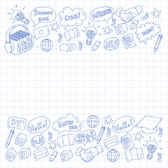 Vector pattern for language class, online courses. English, arabic, italian, japanese, spanish, chinese, german.