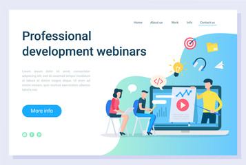 Professional development webinars, electronic library. Online education technology, communication with laptop, business teaching, learning vector. Webpage or website template, landing page flat style
