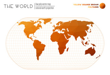 World map with vibrant triangles. Natural Earth projection of the world. Yellow Orange Brown colored polygons. Contemporary vector illustration.