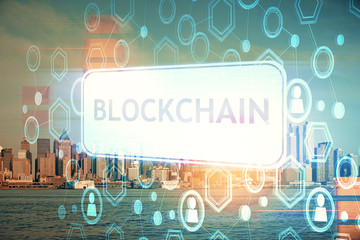 Double exposure of crypto currency theme hologram drawing and city veiw background. Concept of...