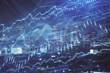 Financial graph on night city scape with tall buildings background multi exposure. Analysis concept.