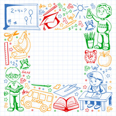 Fototapeta premium Vector pattern with little children. Back to school. Geography, geometry, mathematics, physics, chemistry, astronomy
