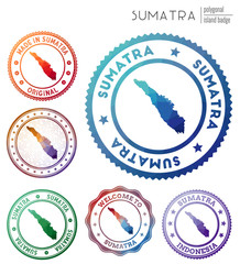 Sumatra badge. Colorful polygonal island symbol. Multicolored geometric Sumatra logos set. Vector illustration.