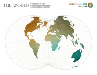 Polygonal world map. Nicolosi globular projection of the world. Brown Blue Green colored polygons. Awesome vector illustration.