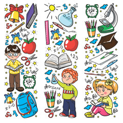 Vector pattern with little children. Back to school. Geography, geometry, mathematics, physics, chemistry, astronomy