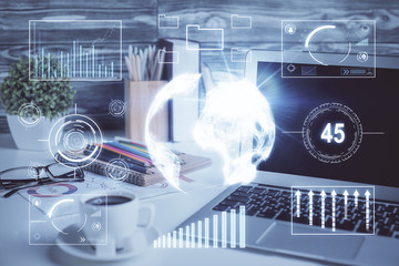 Forex market chart hologram and personal computer background. Multi exposure. Concept of investment.