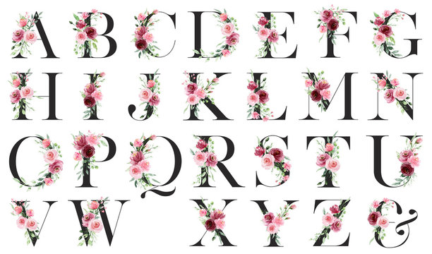 Floral alphabet, letters with watercolor pink flowers and leaf. Monogram initials perfectly for wedding invitations, greeting card, logo, poster and other. Holiday design hand painting.