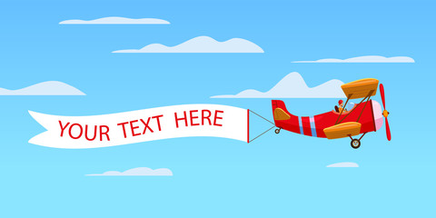 Red retro biplane aircraft pulling advertisement banner © hadeev