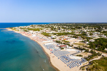 Aerial view, Italy, Puglia, Lecce, Torre Rinalda, public beach on the sea, Spiaggiabella Beach