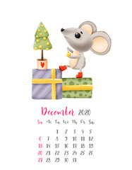 Calendar for December 2020 with a cute mouse in cartoon style. Symbol of the year in the Chinese calendar. Isolated on a white background. 