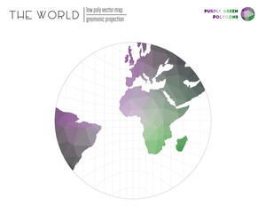 World map with vibrant triangles. Gnomonic projection of the world. Purple Green colored polygons. Beautiful vector illustration.