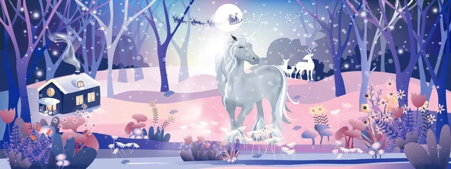 Foto op Aluminium Fantasy landscape of magic forest with fairy tale  Unicorn and Reindeers looking at Santa Claus sleigh Reindeers flying over full moon in Christmas night,Vector illustration cartoon Winter wonderland © Anchalee
