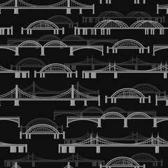 Seamless vector pattern with different bridges on a black background.