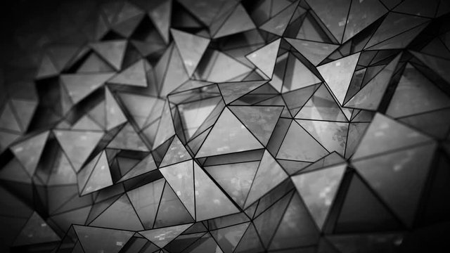 Chaotic grey glossy polygonal structure. Futuristic sci-fi shape. Seamless loop 3D render animation with DOF 4k UHD (3840x2160)