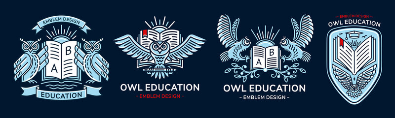 Owl vector emblem, illustration, logo set  for education, schools, universities  in linear style on a dark background