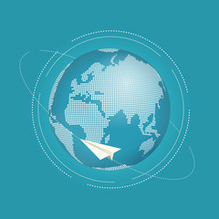 Paper plane flying around the world. Planet earth with pixel world map with view on europe. Technology or travel design concept. stock illustration