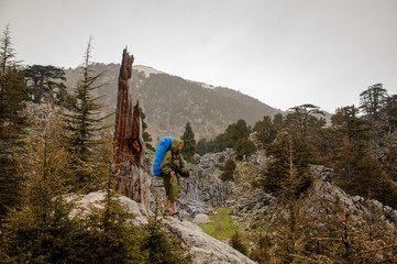 Fototapeta premium Girl in the raincoat with a hood walking up the rock with hiking backpack and sticks
