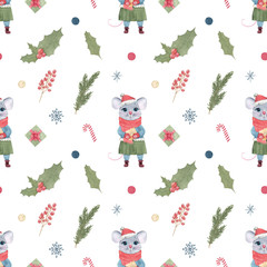Watercolor hand drawn seamless pattern with cute cartoon rat or mouse with Christmas elements isolated on white background. 