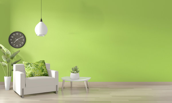 Sofa white and decoration plants on light green wall and wooden floor.3D rendering