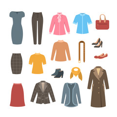 Business woman basic clothes and shoes set. Vector flat illustration. Office formal dress code outfit. Cartoon illustration. Icons of dress, skirt, jacket, coat, trousers, shirt, bag, boots.