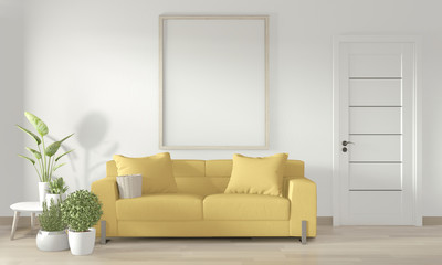 Mock up poster frame in white living room with yellow sofa and decoration plants on floor wooden.3D rendering