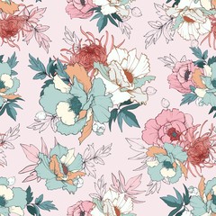 Seamless vector pattern with peonies and chrysanthemum