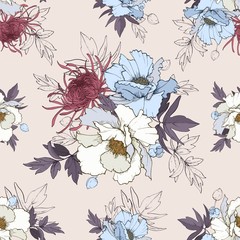 Seamless vector pattern with peonies and chrysanthemum