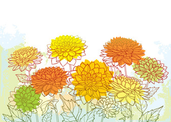 Bouquet of outline Dahlia or Dalia flower and ornate leaf in pastel orange and yellow on the white background.