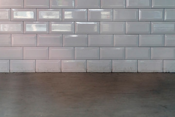 White wall tiles with wooden floor copy space background