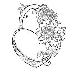 Outline padlock heart with bouquet of Dahlia or Dalia flower and ornate leaf in black isolated on white background. 