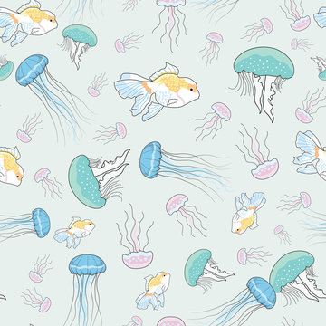 Seamless pattern with jellyfish and fish illustration underwater background