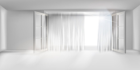 Large room with an open window. Net curtains. White background, Vector illustration.