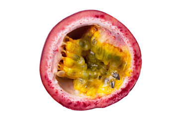Macro image of passion fruit sliced half isolated at white background.
