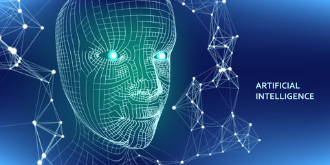 3d wireframe head. Artificial intelligence concept. Abstract digital grid human face. Vector illustration.