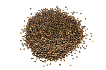 Top view macro image of brown lentils pile isolated at white background.
